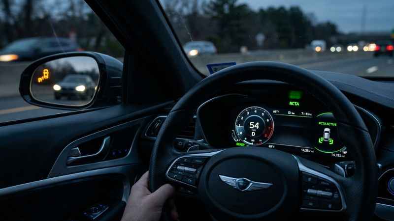 Realistic photograph of a car instrument cluster displaying an active illuminated green RCTA dashboard icon and side mirror alert.