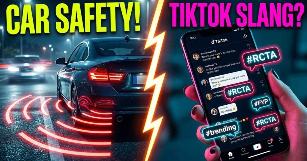 High-contrast split-screen comparison showing RCTA as a car Rear Cross Traffic Alert on the left versus TikTok social media slang on the right.