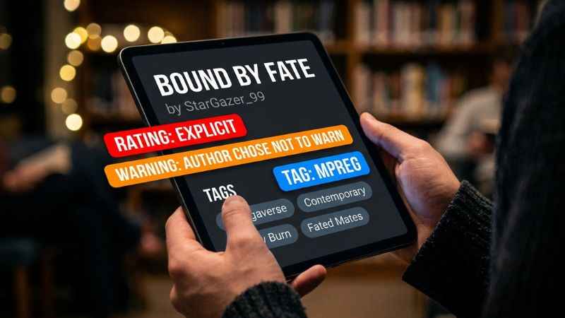 A tablet screen displaying fiction content tags and warnings next to an mpreg tag.