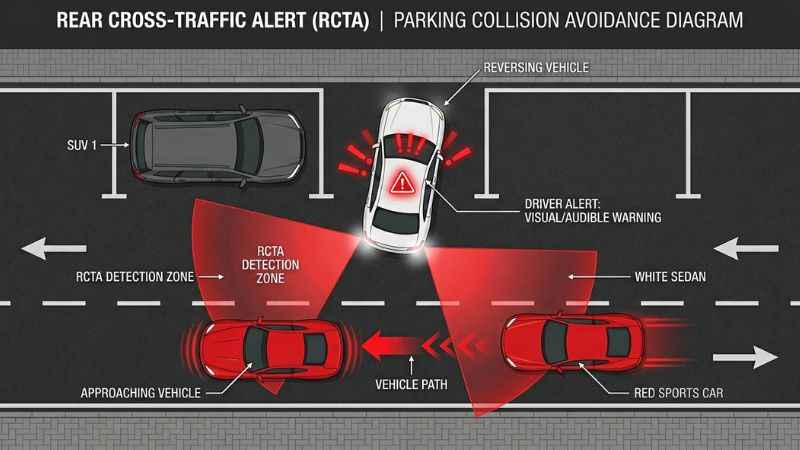 Top-down bird's-eye diagram illustrating how car rear bumper radar sensors detect cross-traffic vehicles while backing up.