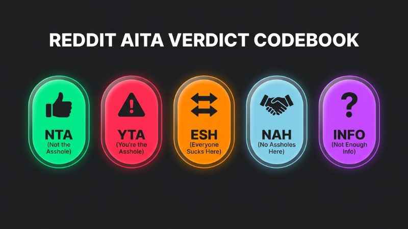 A comparison chart of Reddit AITA community verdicts explaining NTA, YTA, ESH, NAH, and INFO.