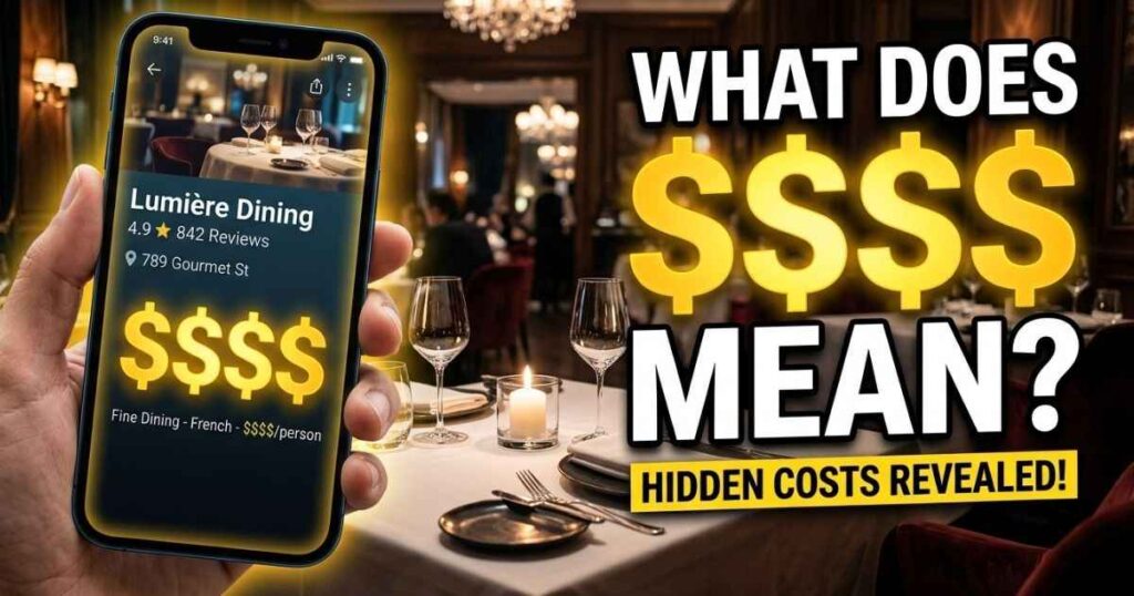 Infographic showing restaurant price tiers from one to four dollar signs and factors that change the final bill.
