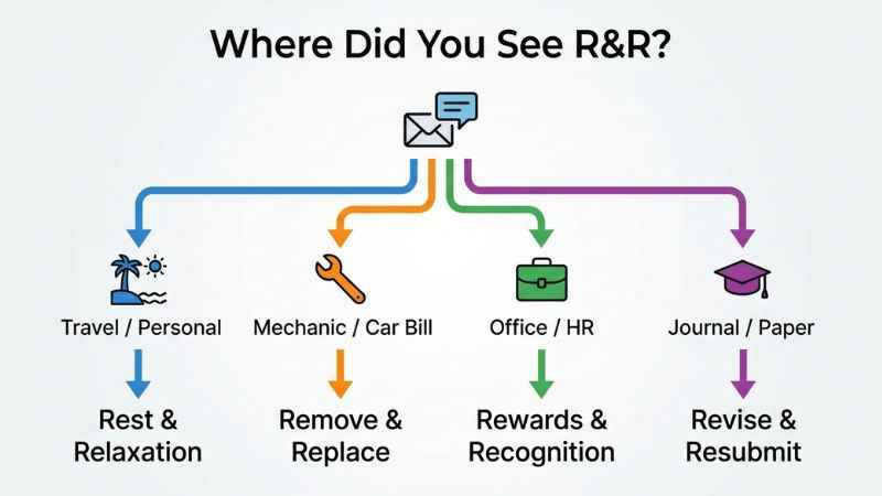 A flowchart explaining how to find the correct R&R meaning based on sentence context.