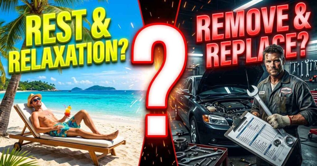 A split graphic illustrating the different meanings of R&R including rest and relaxation and auto repair.