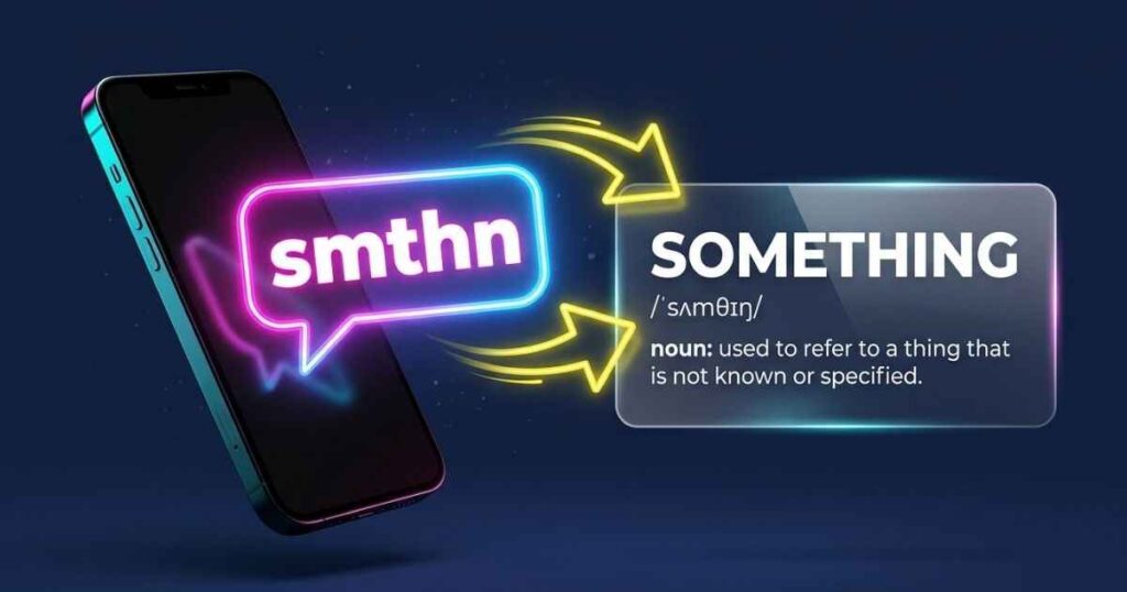 Smartphone chat bubble displaying the abbreviation smthn translated to something.