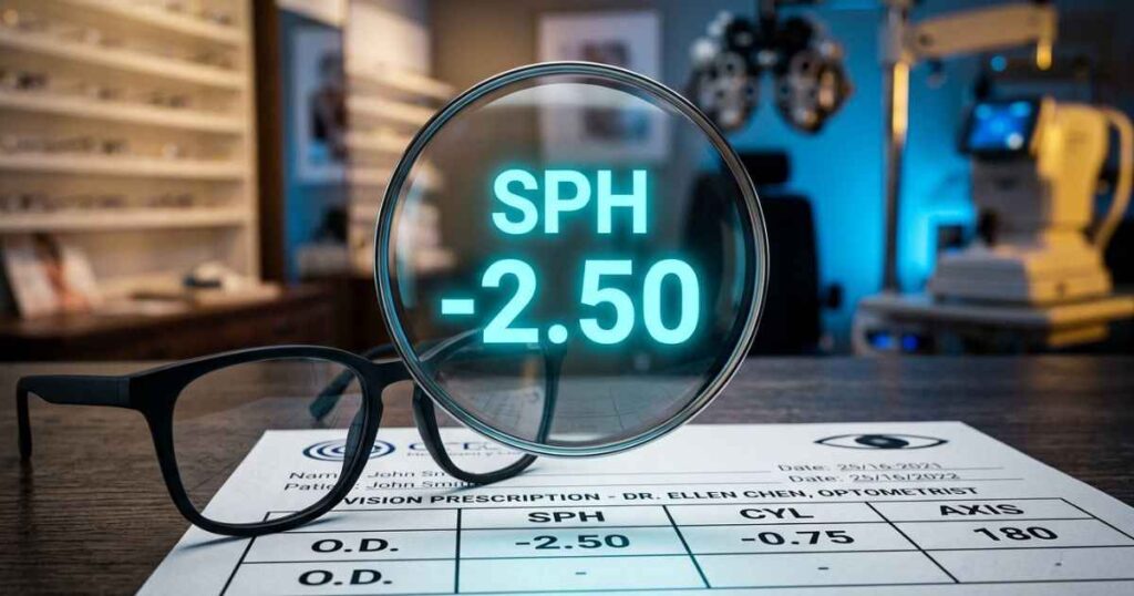 An eyeglass prescription card showing the SPH column highlighted next to a pair of modern black frames.