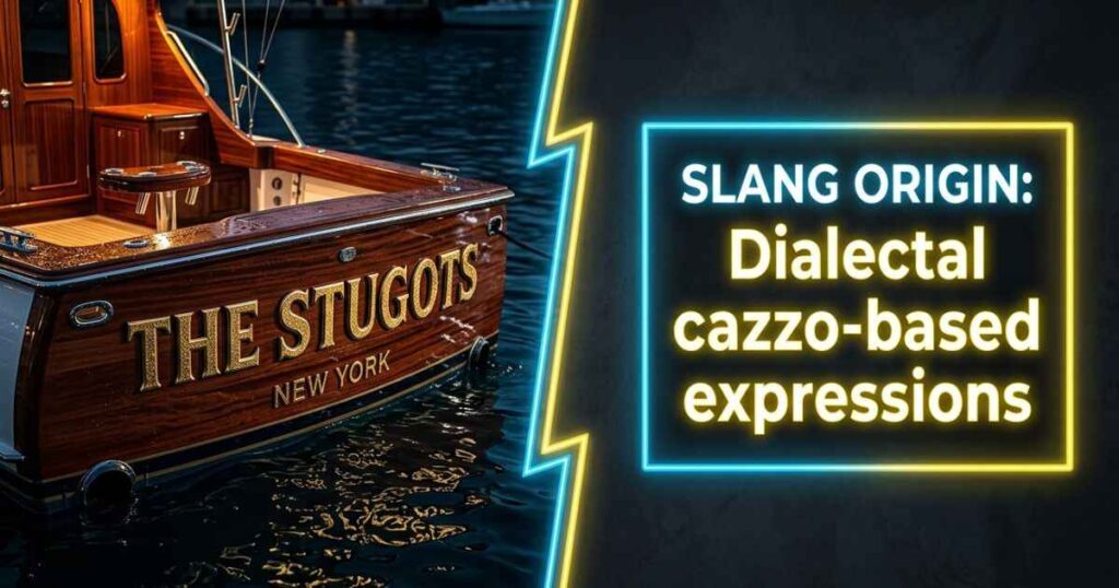 Graphic explaining the stugots meaning with a boat stern labeled The Stugots and dialect origin text.