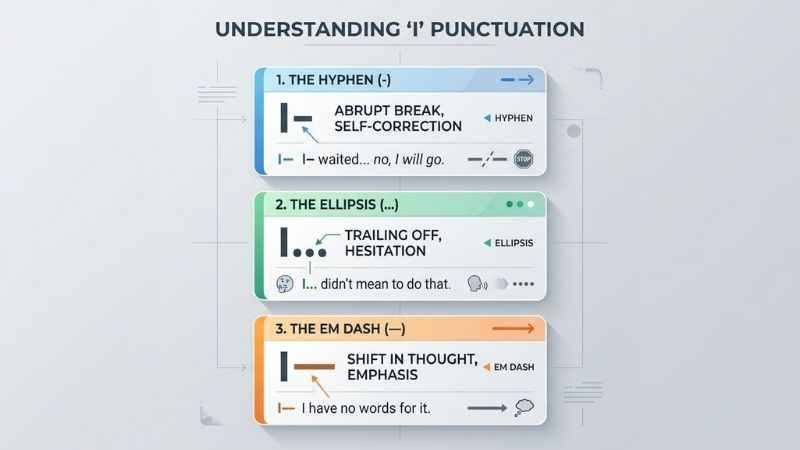 Infographic comparing a hyphen, em dash, and ellipsis used in text messaging.