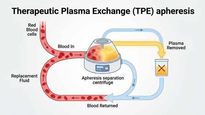 Diagram explaining the therapeutic plasma exchange process separating plasma from blood cells.