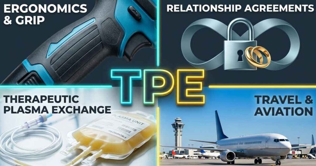Diagram showing common meanings of TPE: thermoplastic elastomer, Total Power Exchange, therapeutic plasma exchange, and airport code.
