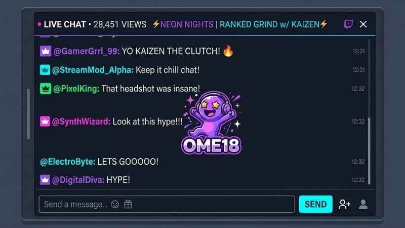 Illustration of a custom 7TV-style emote appearing in a Twitch chat mockup.