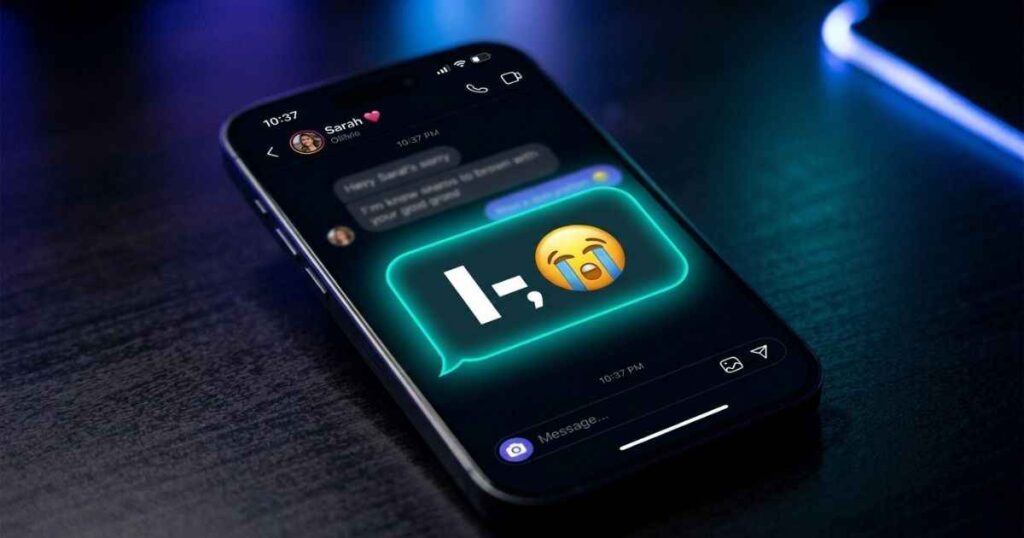 Smartphone screen showing a text message with I- and a loudly crying face emoji.