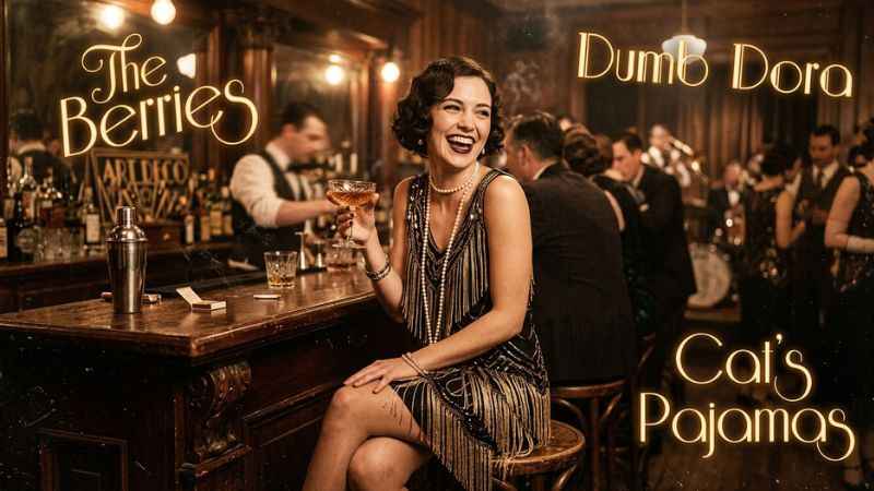 A 1920s flapper woman sitting in a vintage diner holding a cocktail with retro slang typography around her