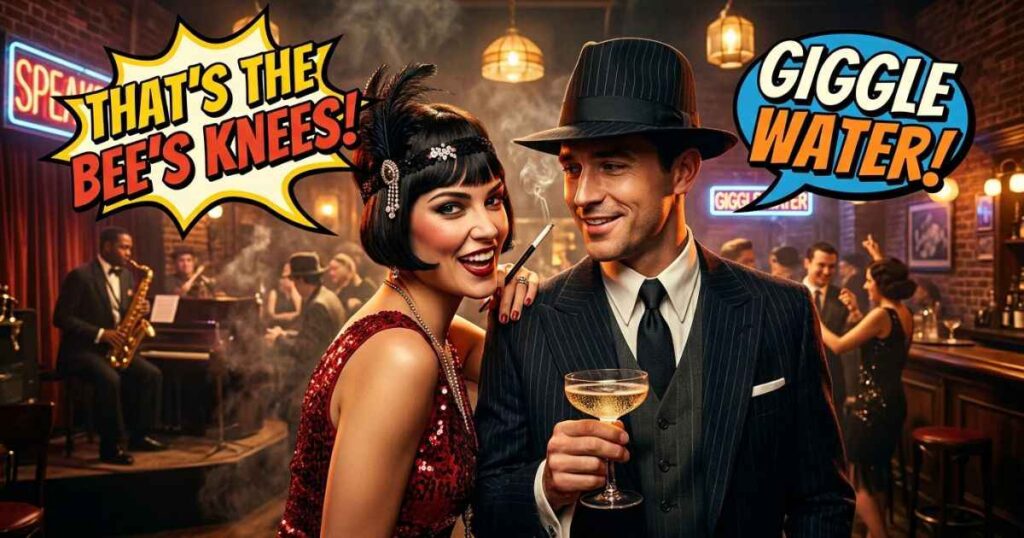 A high-contrast 1920s speakeasy scene featuring a flapper and gangster with bold text overlay saying Speakeasy Secrets