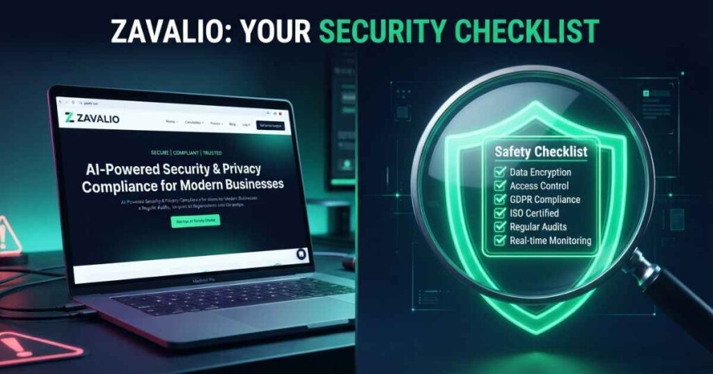 Zavalio.com homepage beside a general website-checking checklist.