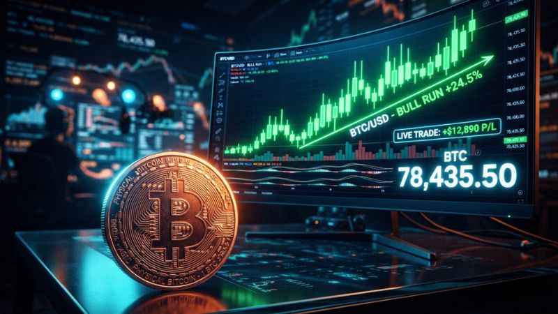 Digital stock market charts and cryptocurrency trend data displayed on a monitor.