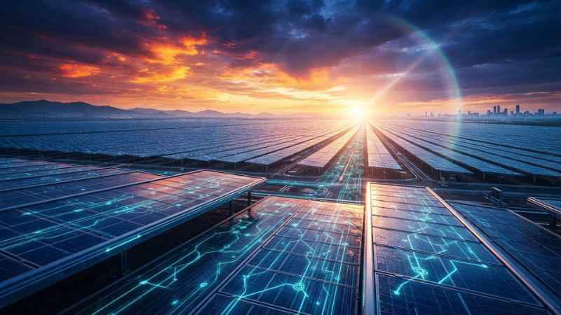 Rows of solar panels on a solar farm representing clean technology topics.