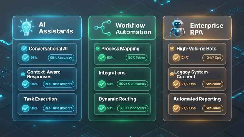 Comparison chart showing AI assistants, workflow automation platforms, and enterprise RPA tools.