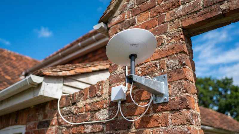 A fixed wireless broadband antenna mounted on a rural home exterior wall