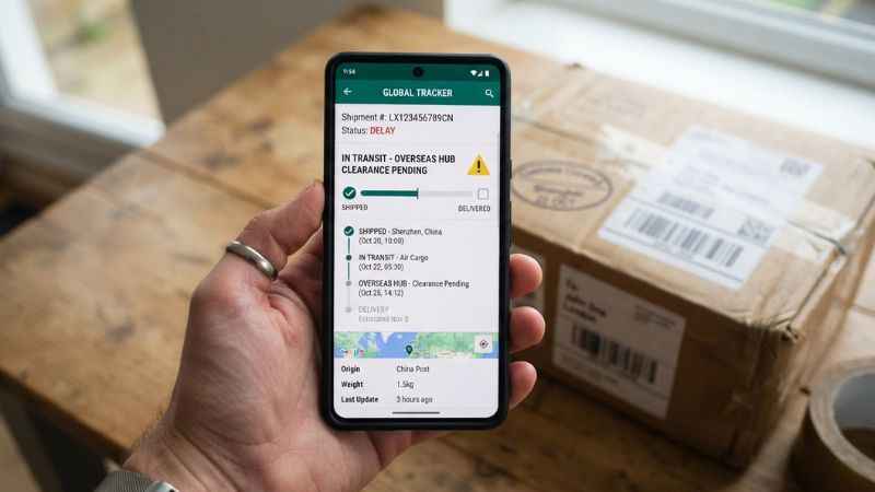 International package tracking screen showing shipping updates for US delivery