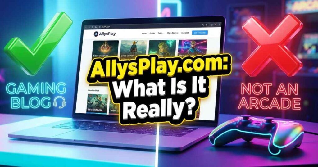 A digital graphic explaining if the AllysPlay.com website is a gaming blog or a playable platform.