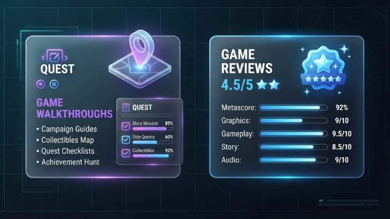 Diagram displaying content types available on the AllysPlay website including guides and reviews.