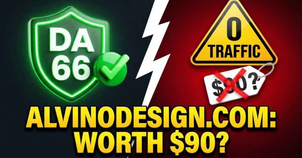 Graphic reviewing alvinodesign.com showing DA 66 score compared against zero organic search traffic.