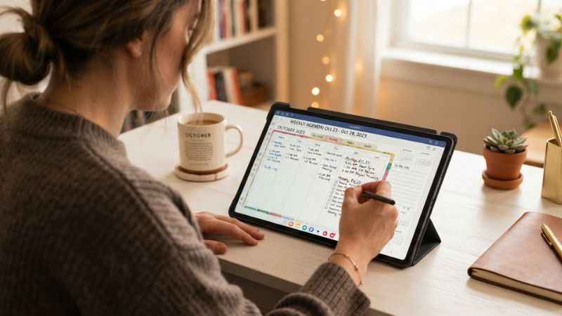 A person using a stylus pen to write in a digital planner on a Samsung Android tablet.