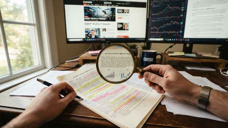 Person evaluating online article claims by comparing source documents on a laptop screen.