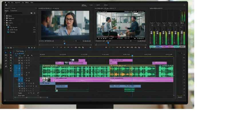 Digital audio and video editing timeline interface showing tracks and controls.