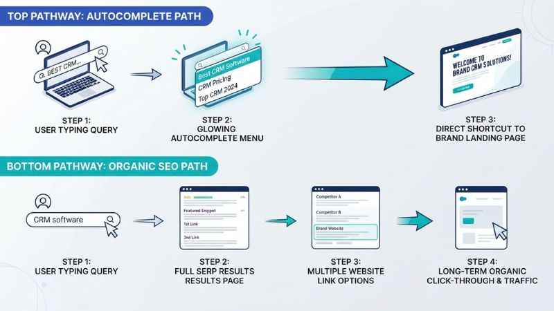 Flowchart illustrating differences between Google Autocomplete predictions and organic search results