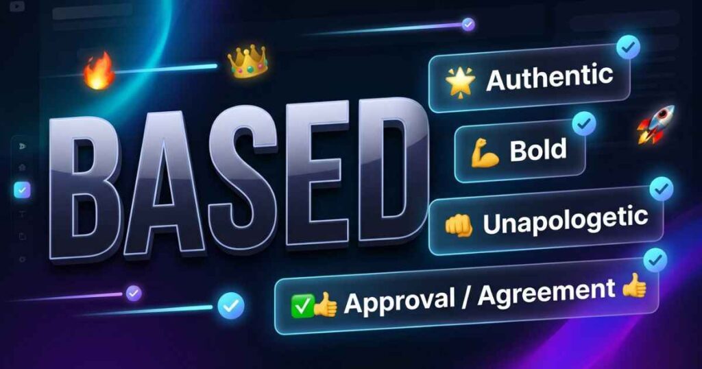 Graphic summarizing common associations of the slang term based, including authentic, bold, unapologetic, and approval.