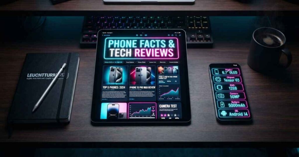A digital tablet and smartphone resting on a desk displaying technology news and mobile device reviews.