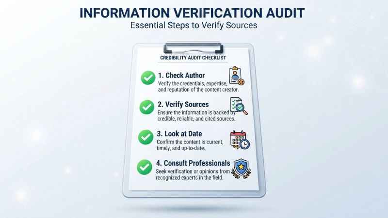 A visual checklist detailing steps to evaluate article credibility on bepyarts com.