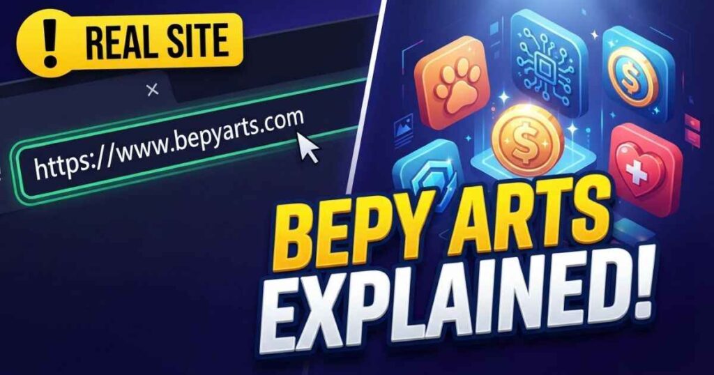 A split-screen graphic explaining the bepyarts com website address and its article categories.