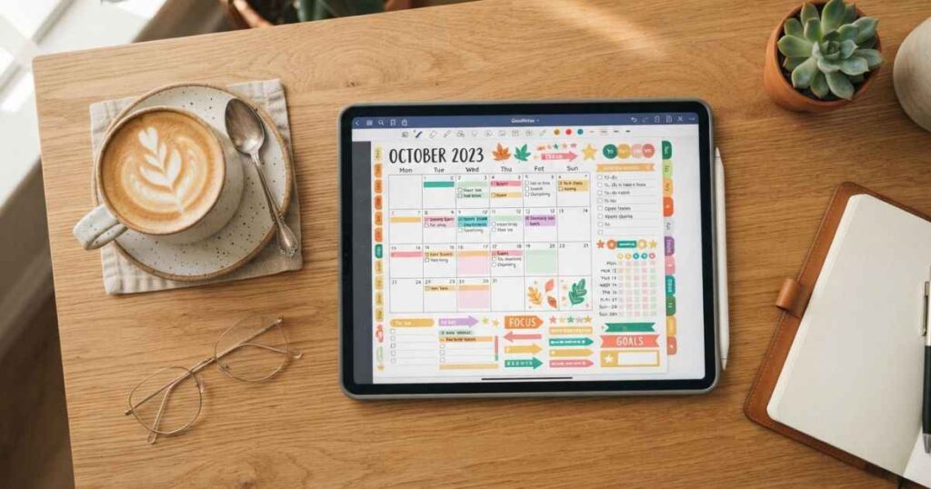 An iPad showing a colorful digital planner with an Apple Pencil on a minimalist wooden desk next to a coffee cup.
