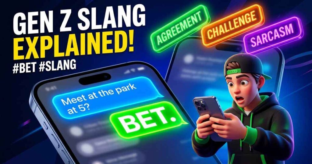A smartphone screen showing a text message conversation explaining the slang word bet as an agreement.
