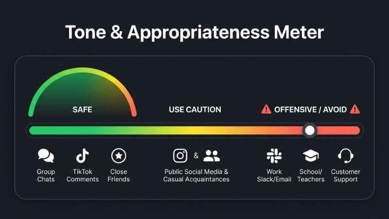 An appropriateness guide graphic showing where it is safe or unsafe to use the slang word BFFR.