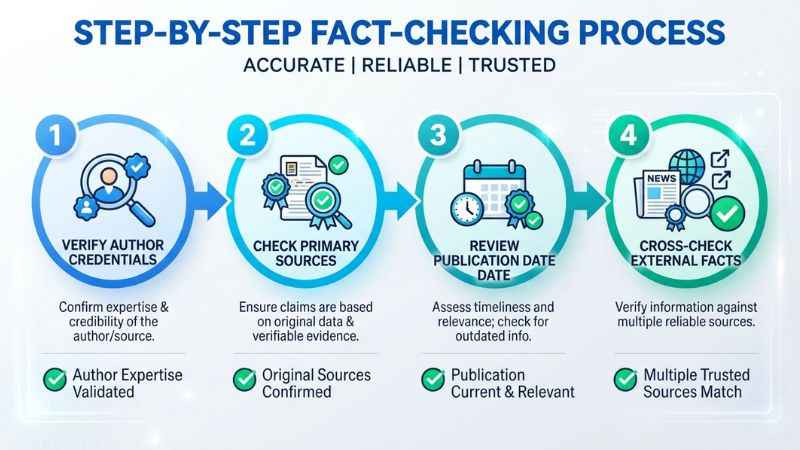 Step-by-step checklist for verifying online articles and source credentials.