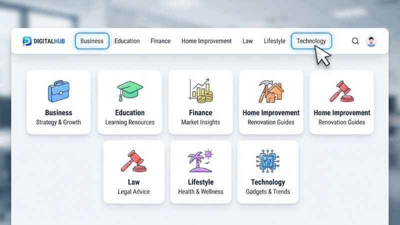 A clean interface graphic showing web categories including Technology, Business, Law, and Finance on a digital screen.