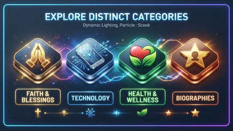 Four organized visual icons representing faith, technology, health, and celebrity biography categories.