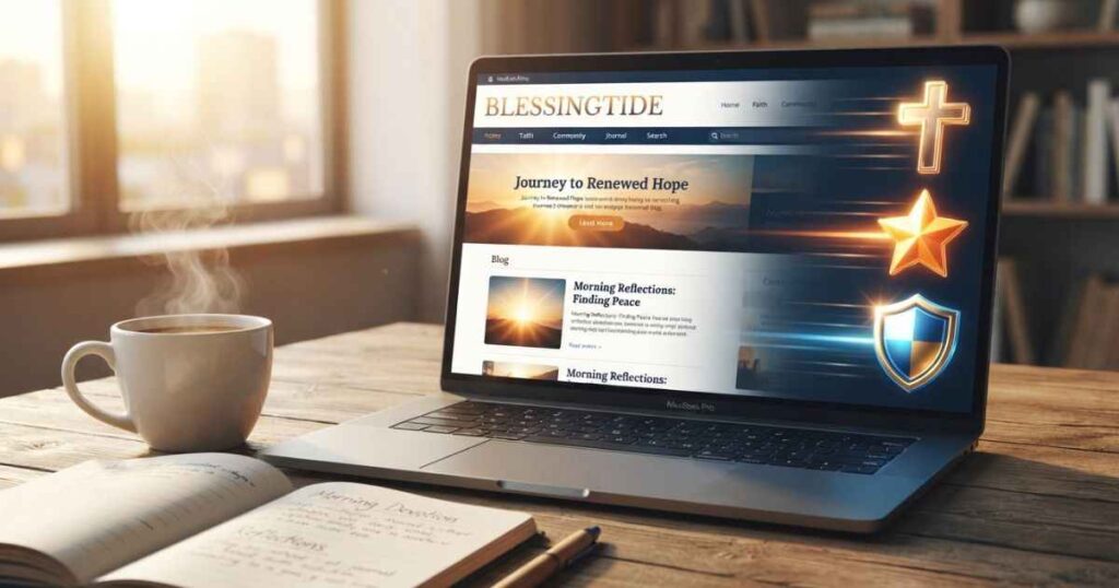 A laptop screen displaying an online daily blog alongside a notebook and coffee cup.