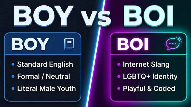 A visual comparison table highlighting the differences between standard spelling boy and slang spelling boi.
