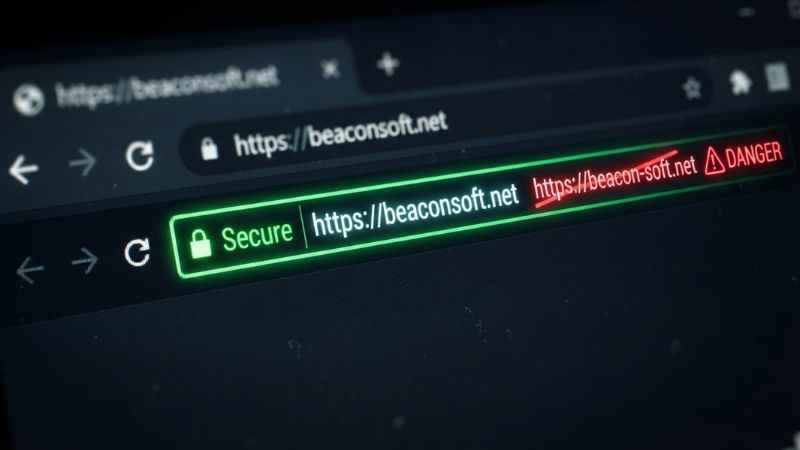 A close-up of a web browser address bar highlighting how to verify exact domain spellings safely.