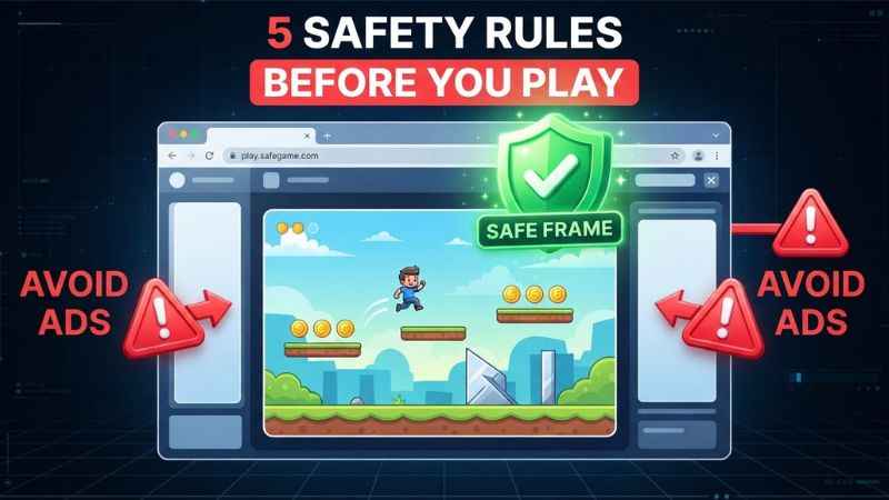 A web browser layout highlighting a central game canvas framed by red warning icons pointing to ad spaces and green shield icons pointing to safety settings.