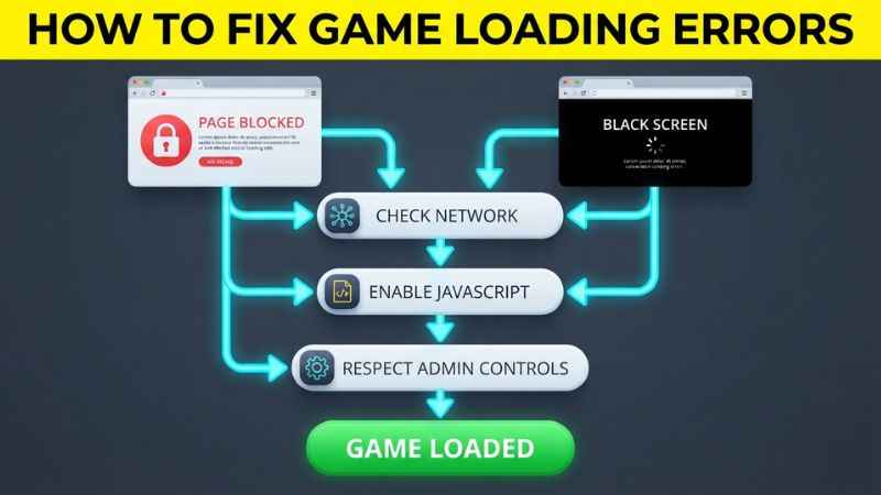A colorful graphic flowchart outlining decision steps for fixing a black screen or page load error on browser game sites.