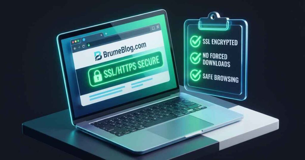Illustration of a laptop displaying BrumeBlog.com alongside a safety verification checklist.