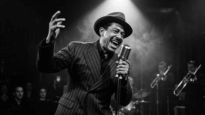 Black and white portrait of jazz legend Cab Calloway smiling on stage