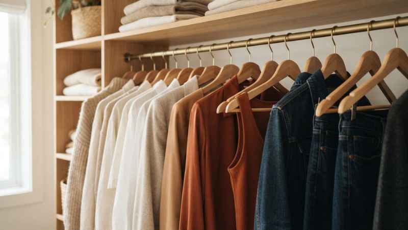 Organized clothes hanging on wooden hangers in a neat capsule wardrobe layout.