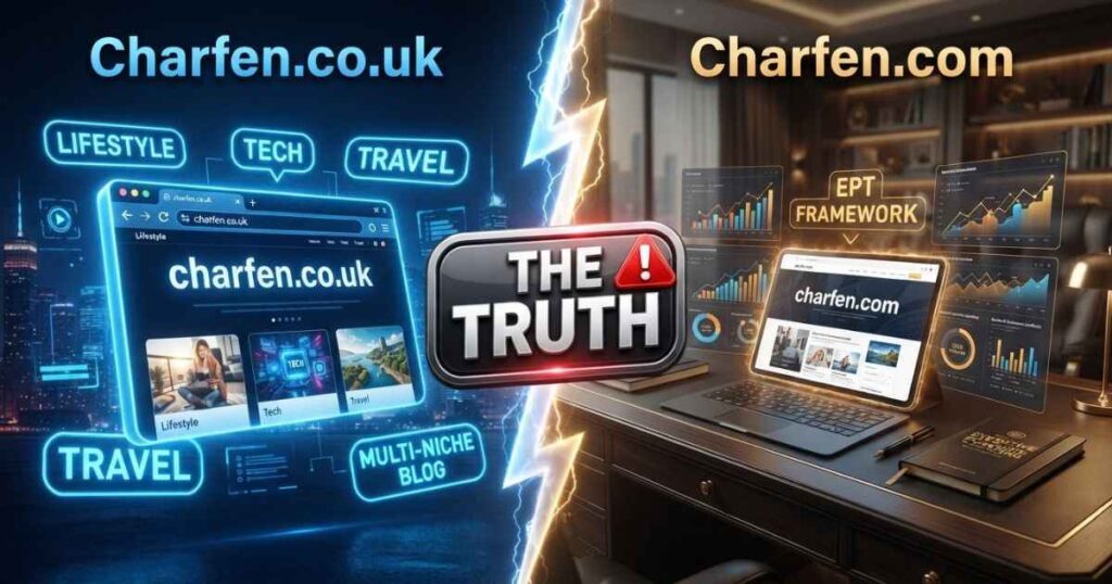 Split graphic comparing charfen.co.uk general blog with charfen.com coaching site.
